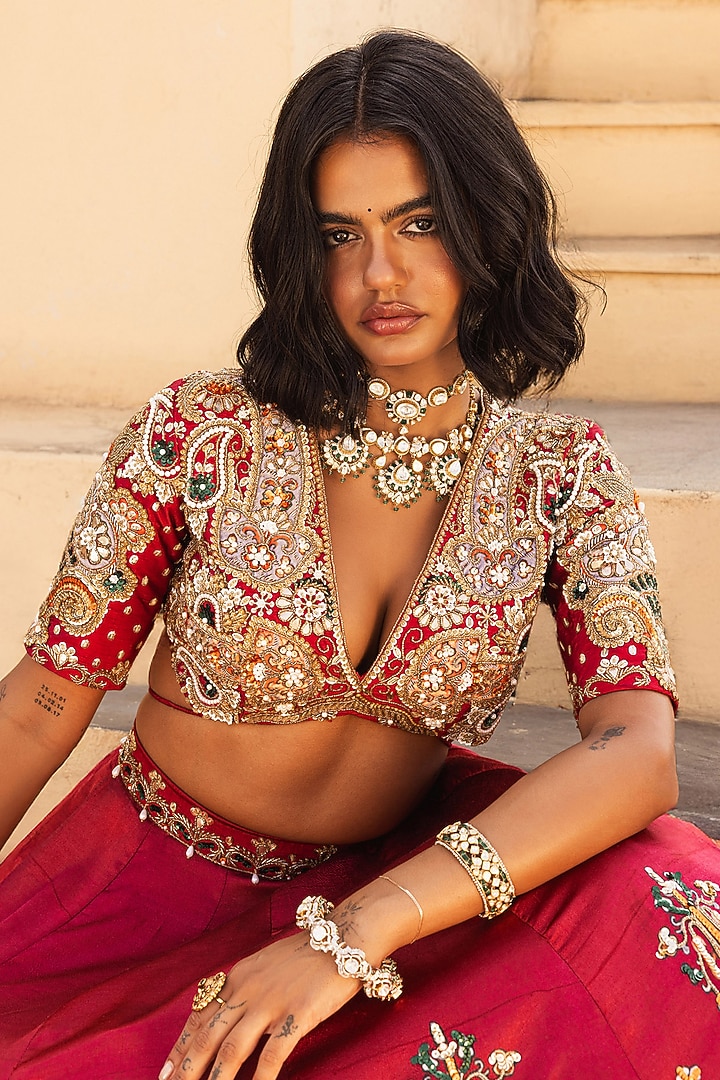 Red Satin Silk Motif Embroidered Bridal Lehenga Set by Payal & Zinal at Pernia's Pop Up Shop