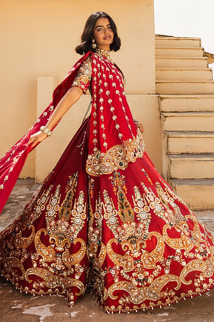 Red Satin Silk Motif Embroidered Bridal Lehenga Set by Payal & Zinal at Pernia's Pop Up Shop