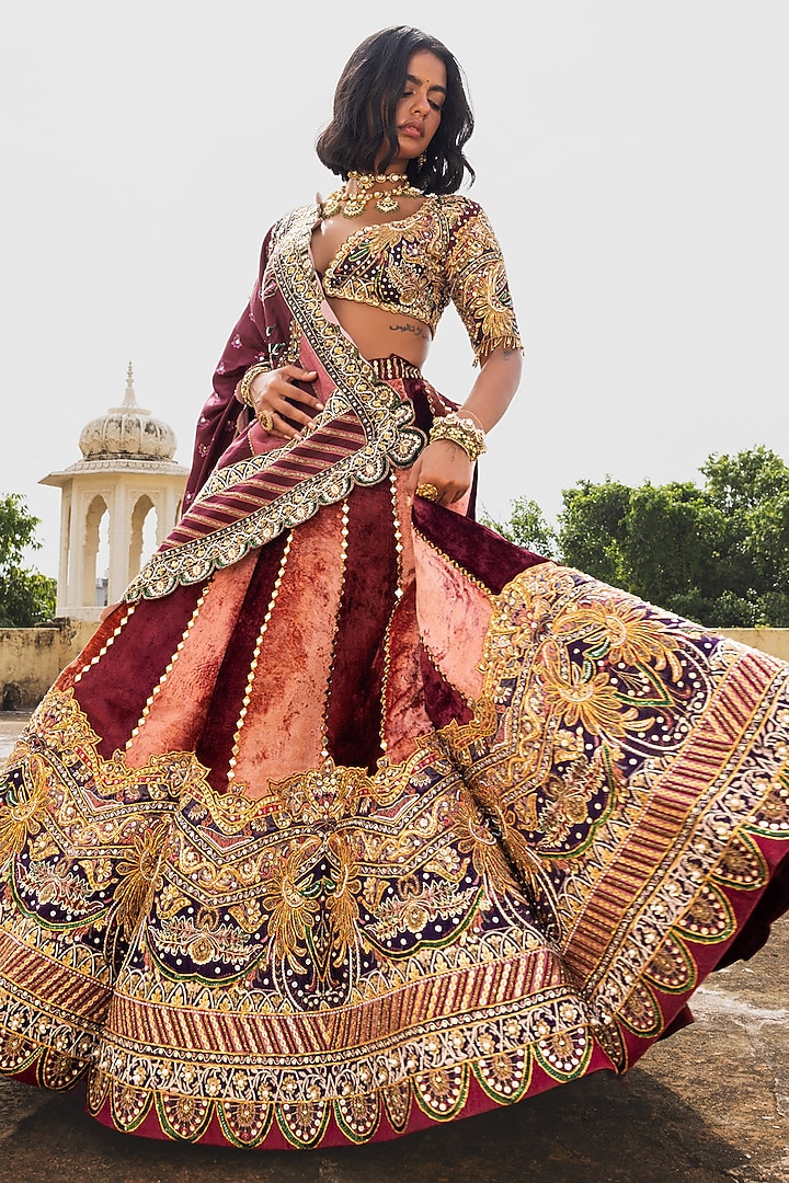 Pink & Maroon Velvet Mirror Embroidered Bridal Lehenga Set by Payal & Zinal at Pernia's Pop Up Shop