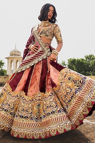 Pink & Maroon Velvet Mirror Embroidered Lehenga Set by Payal & Zinal