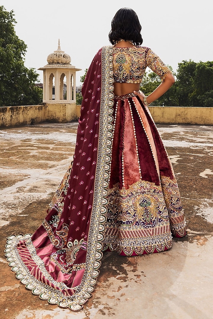 Pink & Maroon Velvet Mirror Embroidered Bridal Lehenga Set by Payal & Zinal at Pernia's Pop Up Shop