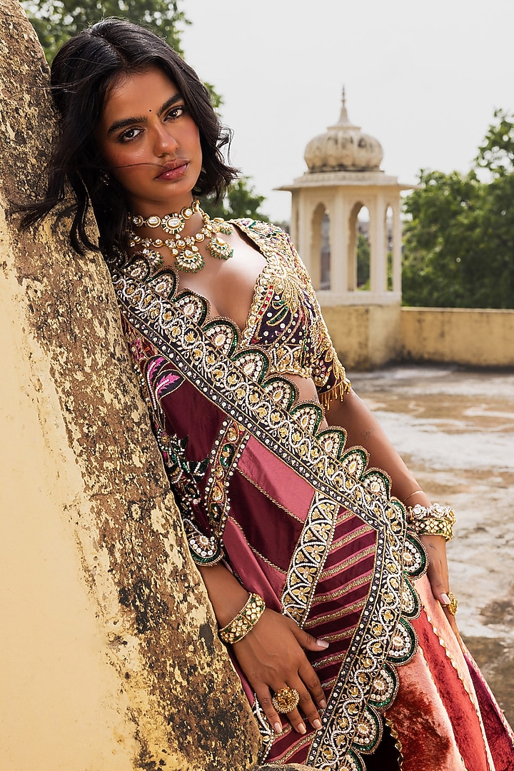 Pink & Maroon Velvet Mirror Embroidered Bridal Lehenga Set by Payal & Zinal at Pernia's Pop Up Shop