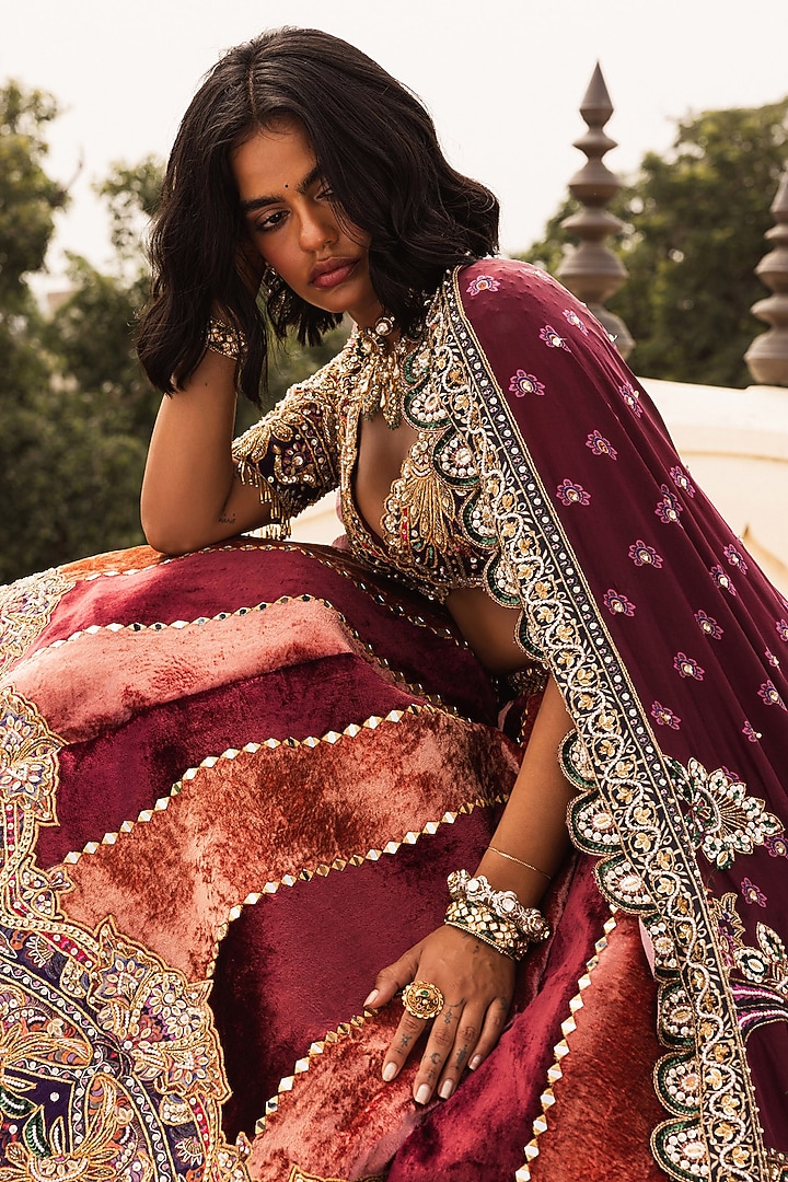 Pink & Maroon Velvet Mirror Embroidered Bridal Lehenga Set by Payal & Zinal at Pernia's Pop Up Shop