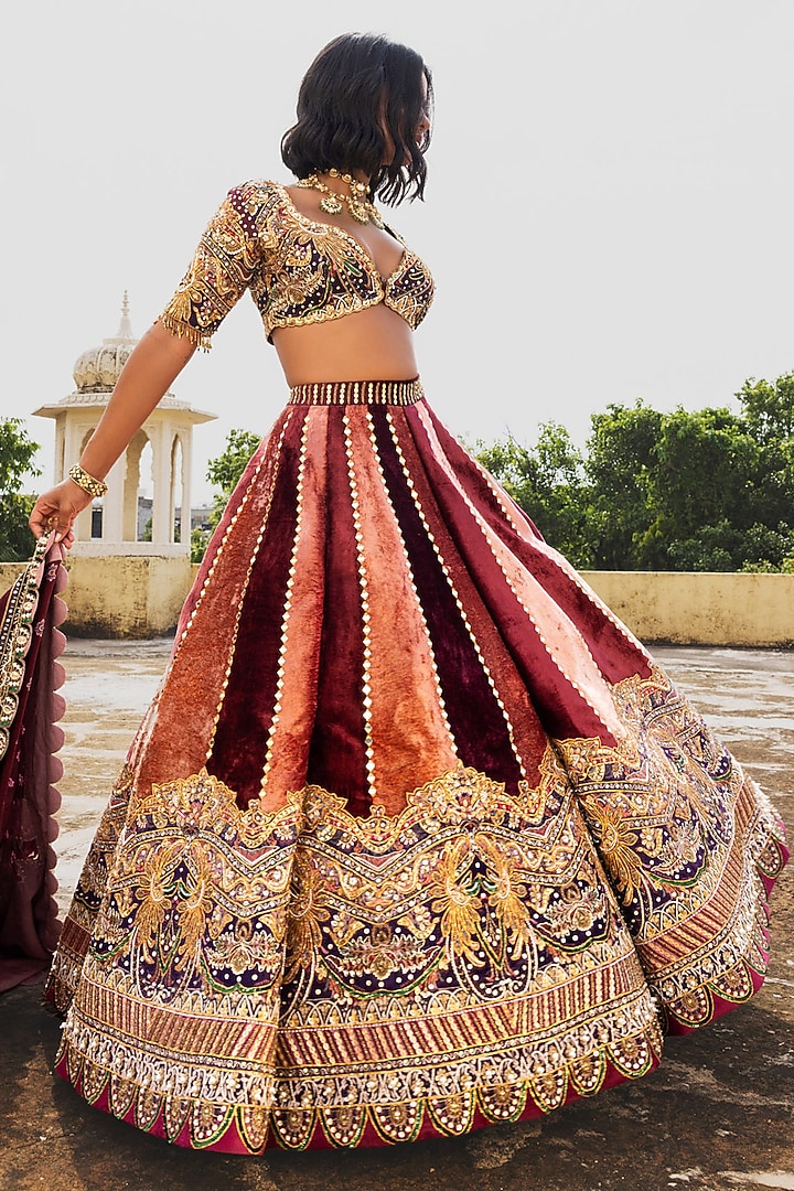 Pink & Maroon Velvet Mirror Embroidered Bridal Lehenga Set by Payal & Zinal at Pernia's Pop Up Shop