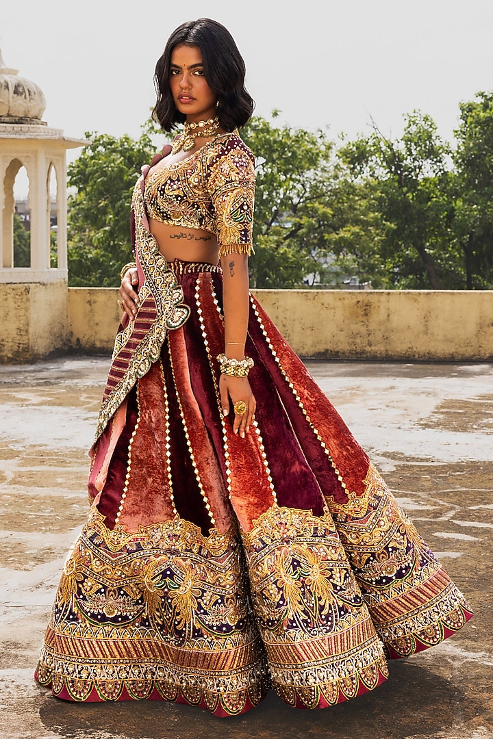 Pink & Maroon Velvet Mirror Embroidered Bridal Lehenga Set by Payal & Zinal at Pernia's Pop Up Shop