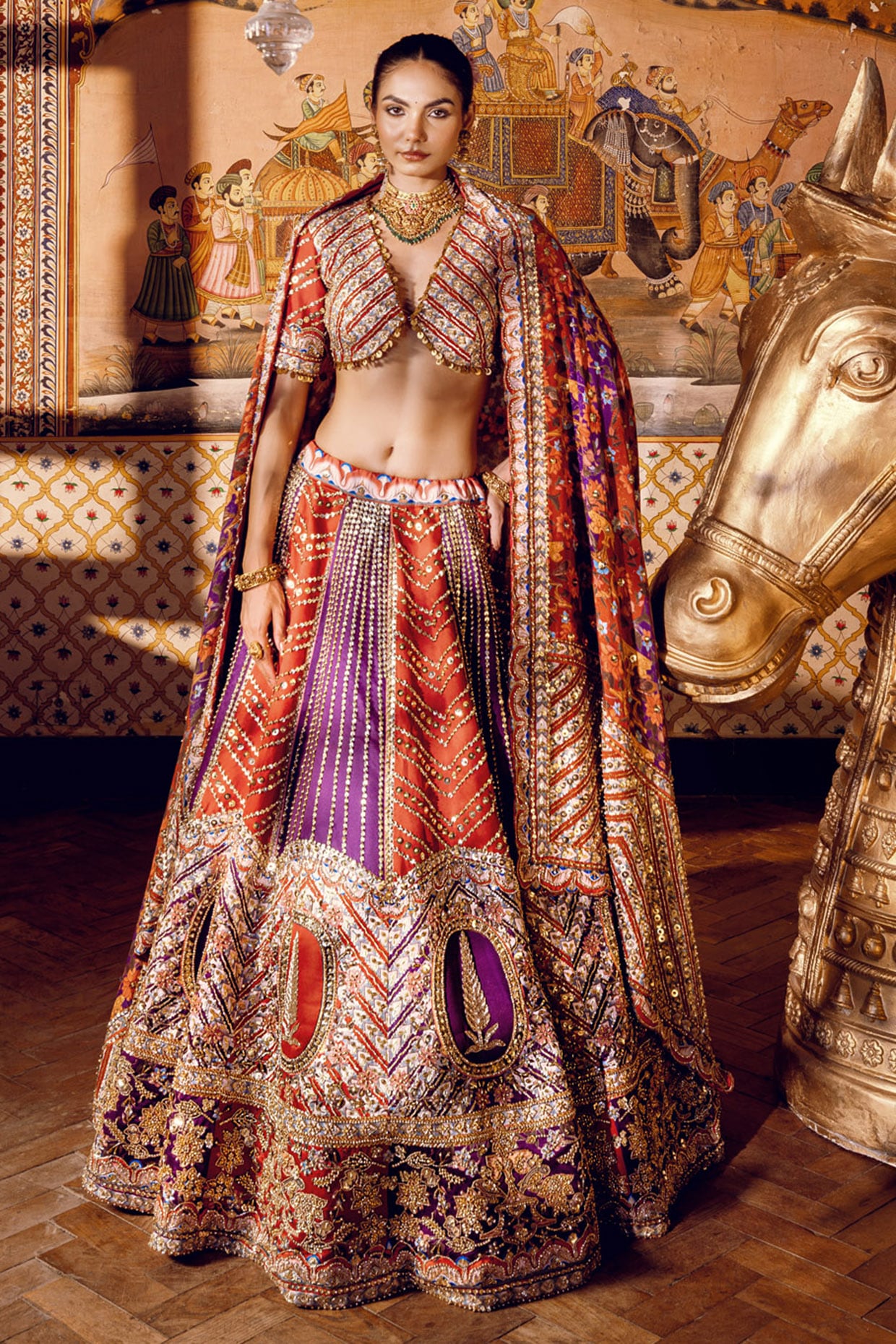 Payal & Zinal Multi-Colored Frizzy Twill Cutdana Embroidered Lehenga Set
