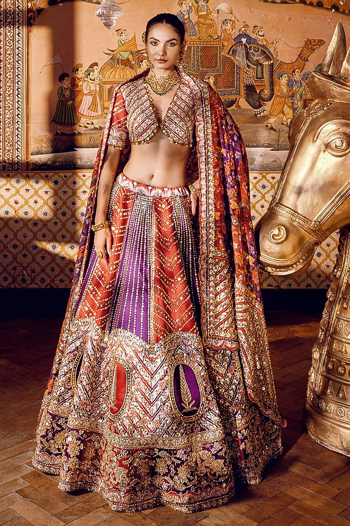 Multi-Colored Frizzy Twill Cutdana Embroidered Bridal Lehenga Set by Payal & Zinal at Pernia's Pop Up Shop