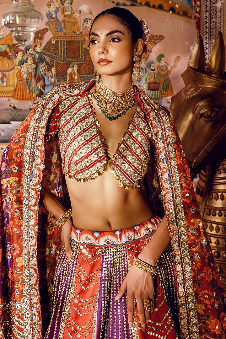 Multi-Colored Frizzy Twill Cutdana Embroidered Bridal Lehenga Set by Payal & Zinal at Pernia's Pop Up Shop