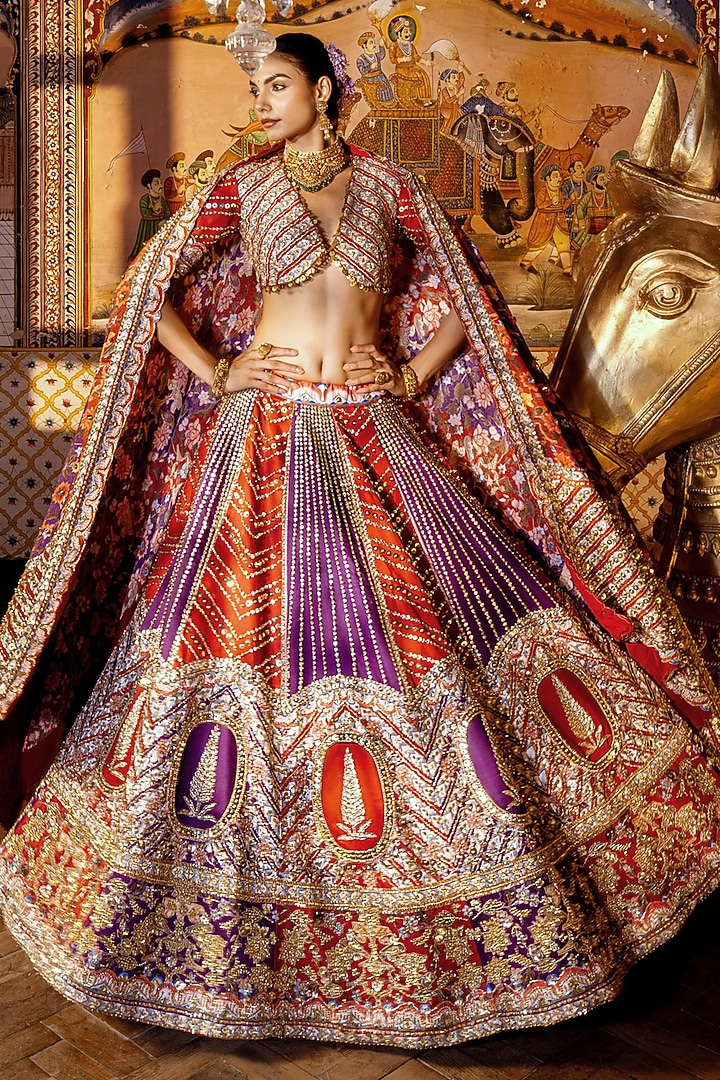 Multi-Colored Frizzy Twill Cutdana Embroidered Bridal Lehenga Set by Payal & Zinal at Pernia's Pop Up Shop