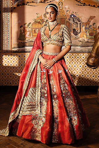 Orange Velvet Sequins Embroidered Lehenga Set by Payal & Zinal