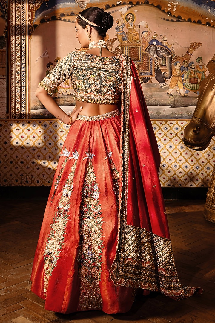 Orange Velvet Sequins Embroidered Bridal Lehenga Set by Payal & Zinal at Pernia's Pop Up Shop