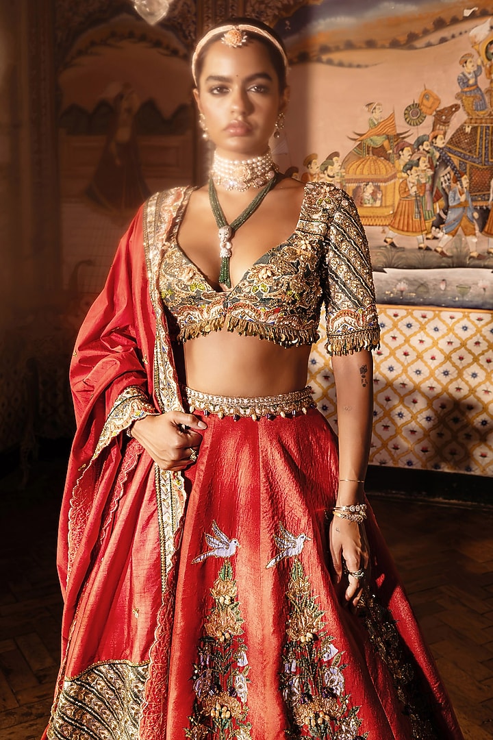 Orange Velvet Sequins Embroidered Bridal Lehenga Set by Payal & Zinal at Pernia's Pop Up Shop