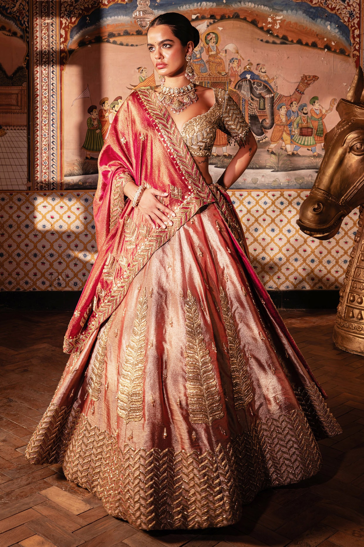 Payal & Zinal Rani Pink Tissue Silk Sequins Embroidered Lehenga Set