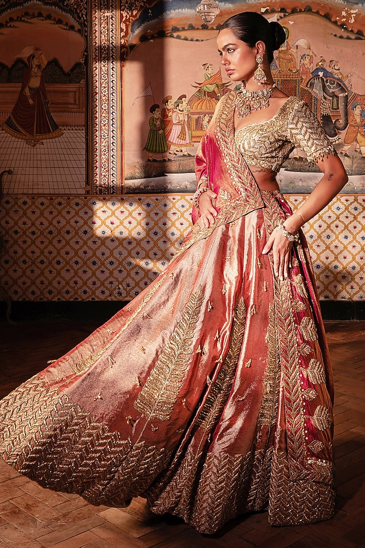 Rani Pink Tissue Silk Sequins Embroidered Bridal Lehenga Set by Payal & Zinal at Pernia's Pop Up Shop