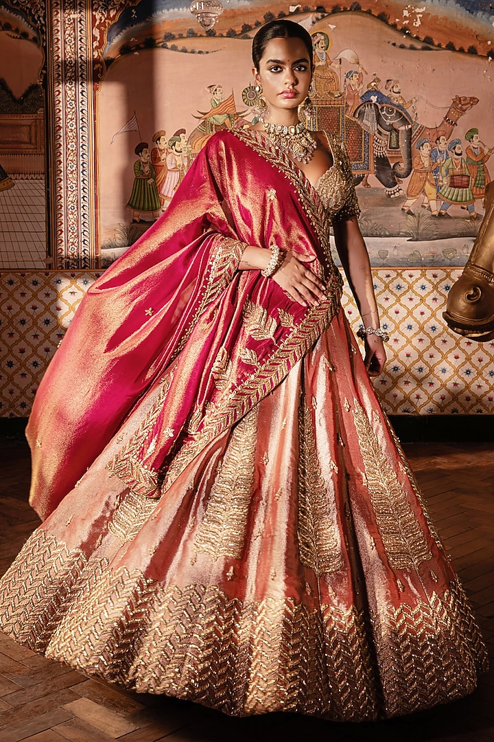 Rani Pink Tissue Silk Sequins Embroidered Bridal Lehenga Set by Payal & Zinal at Pernia's Pop Up Shop