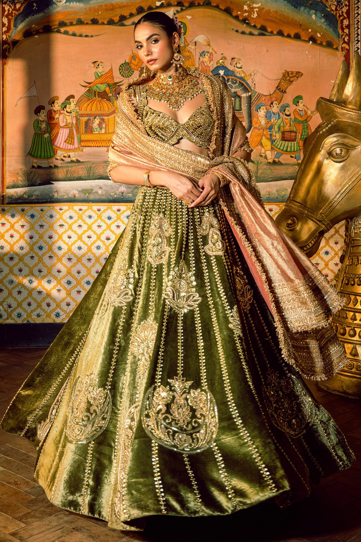 Payal & Zinal Green Velvet Sequins Embroidered Lehenga Set