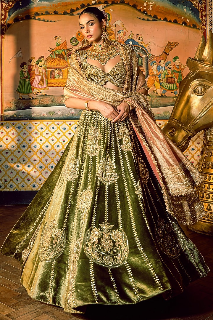 Green Velvet Sequins Embroidered Bridal Lehenga Set by Payal & Zinal at Pernia's Pop Up Shop