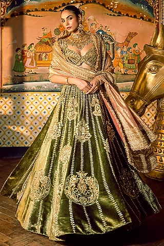 Green Velvet Sequins Embroidered Lehenga Set by Payal & Zinal