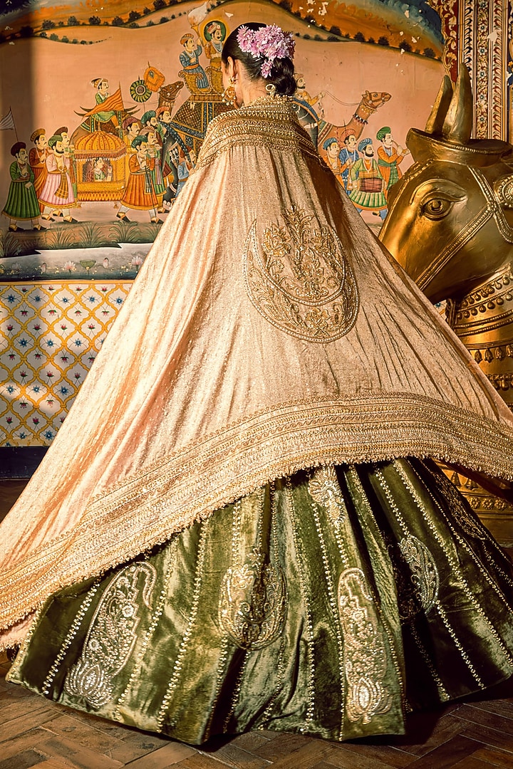 Green Velvet Sequins Embroidered Bridal Lehenga Set by Payal & Zinal at Pernia's Pop Up Shop