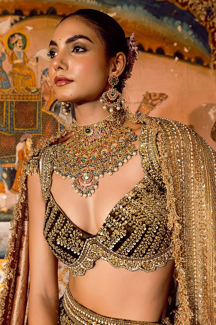 Green Velvet Sequins Embroidered Bridal Lehenga Set by Payal & Zinal at Pernia's Pop Up Shop