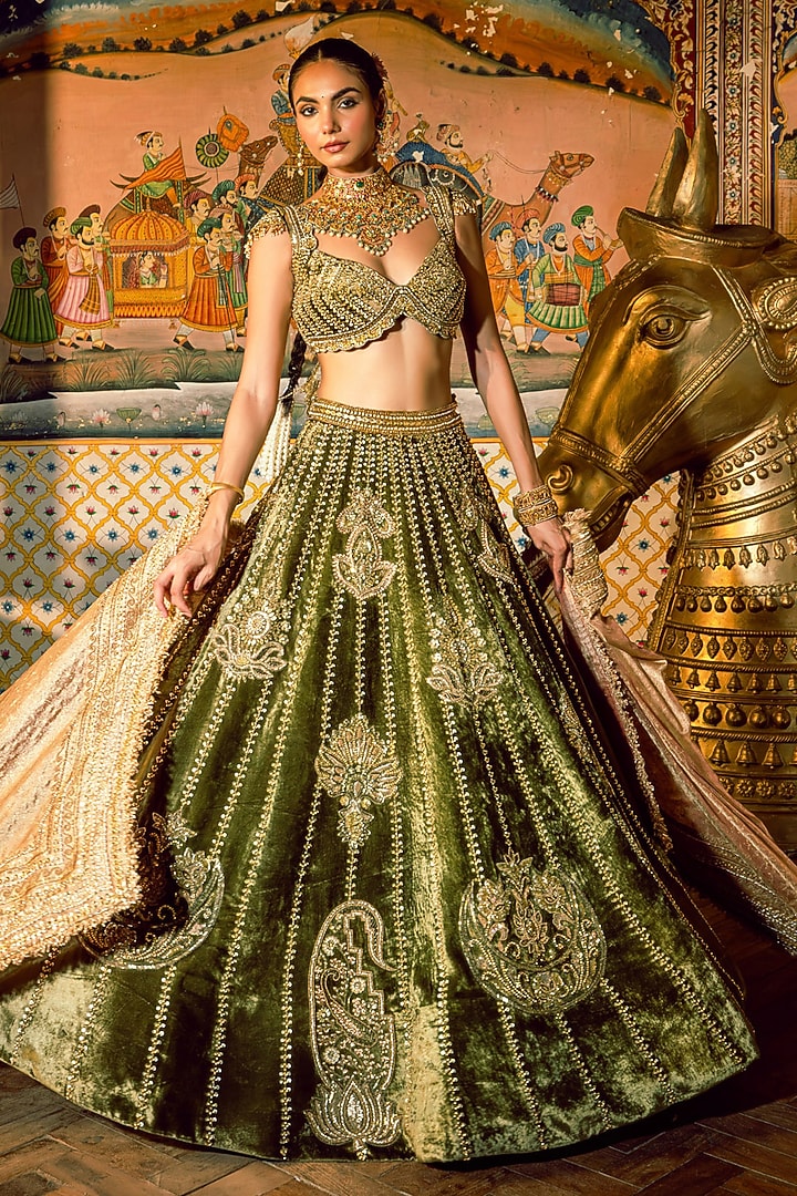 Green Velvet Sequins Embroidered Bridal Lehenga Set by Payal & Zinal at Pernia's Pop Up Shop
