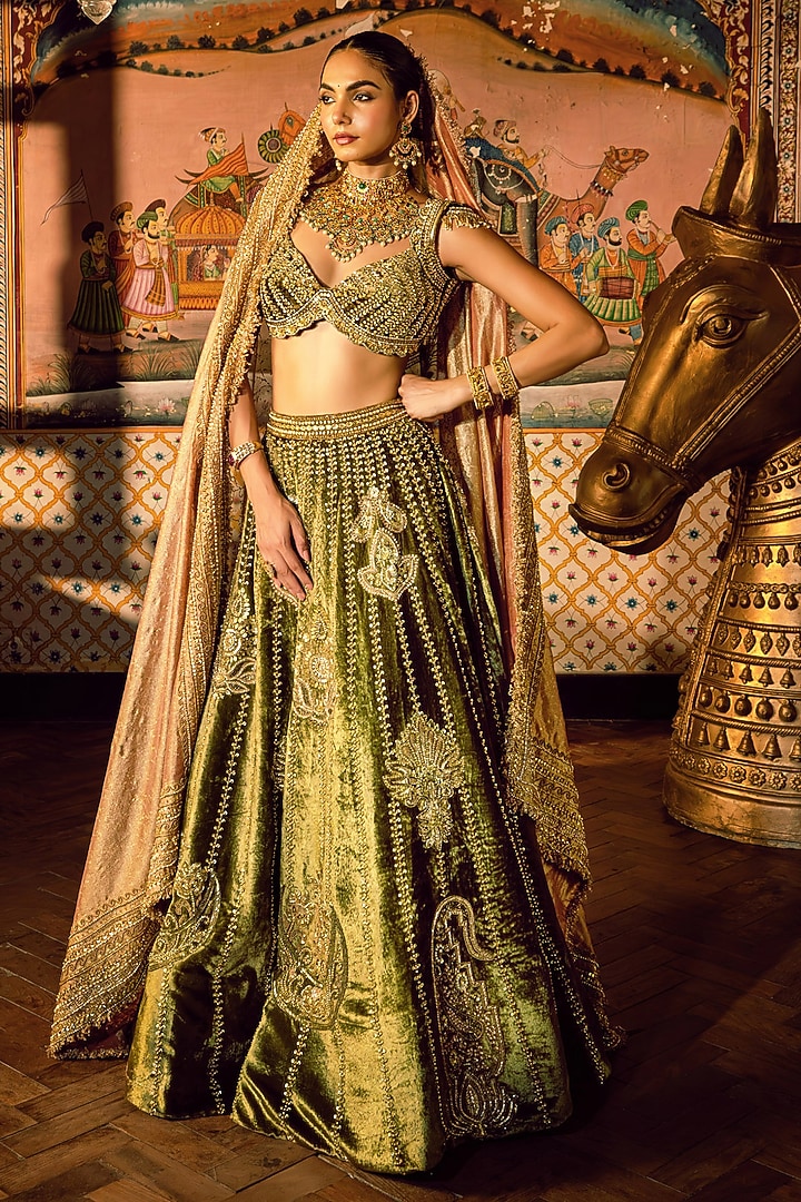 Green Velvet Sequins Embroidered Bridal Lehenga Set by Payal & Zinal at Pernia's Pop Up Shop
