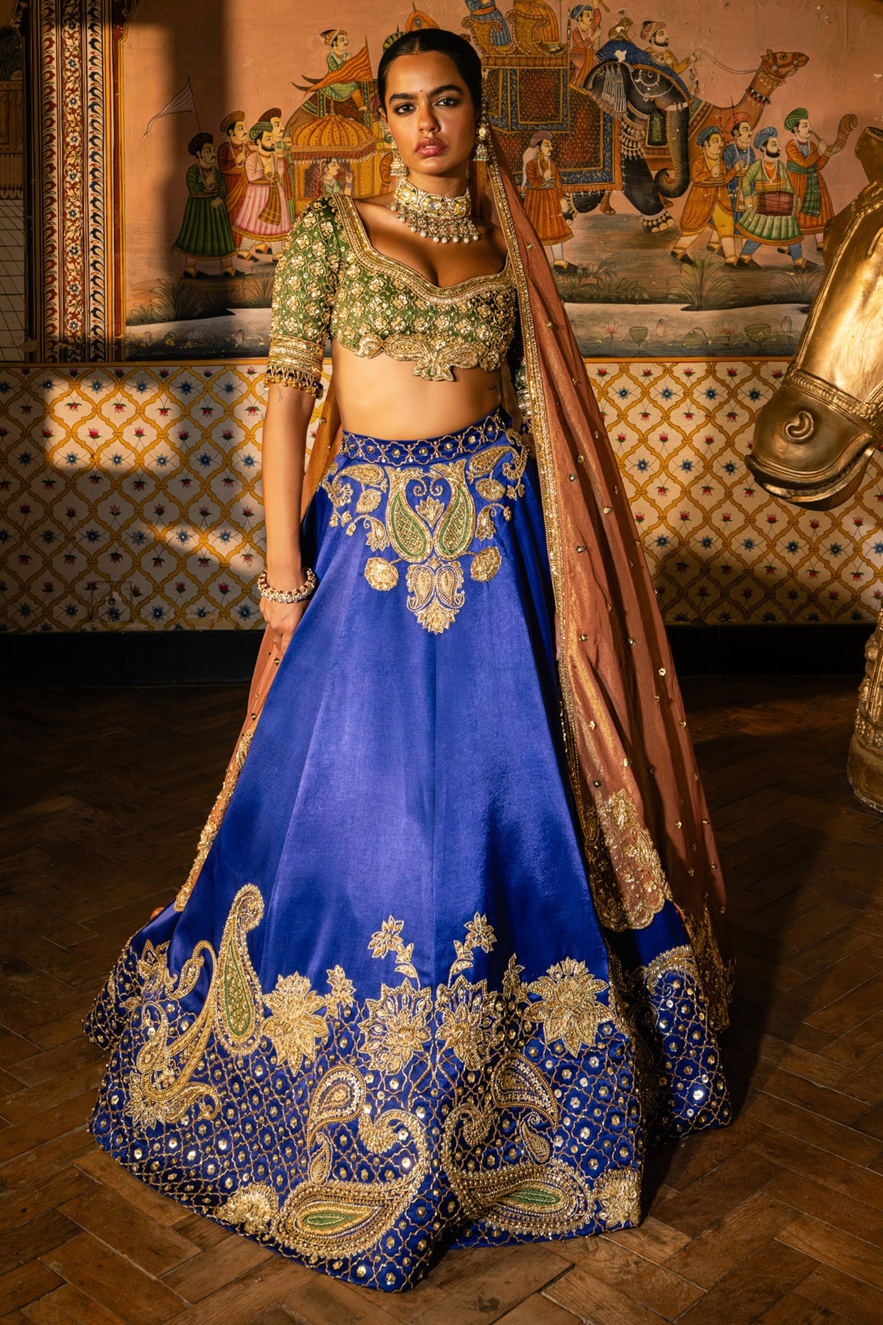 Payal & Zinal Multi-Colored Tissue Silk Floral Embroidered Lehenga Set