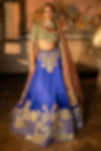 Multi-Colored Tissue Silk Floral Embroidered Bridal Lehenga Set by Payal & Zinal at Pernia's Pop Up Shop