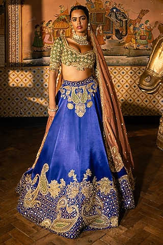 Multi-Colored Tissue Silk Floral Embroidered Lehenga Set by Payal & Zinal