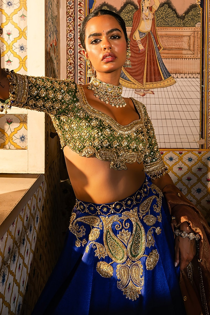 Multi-Colored Tissue Silk Floral Embroidered Bridal Lehenga Set by Payal & Zinal at Pernia's Pop Up Shop
