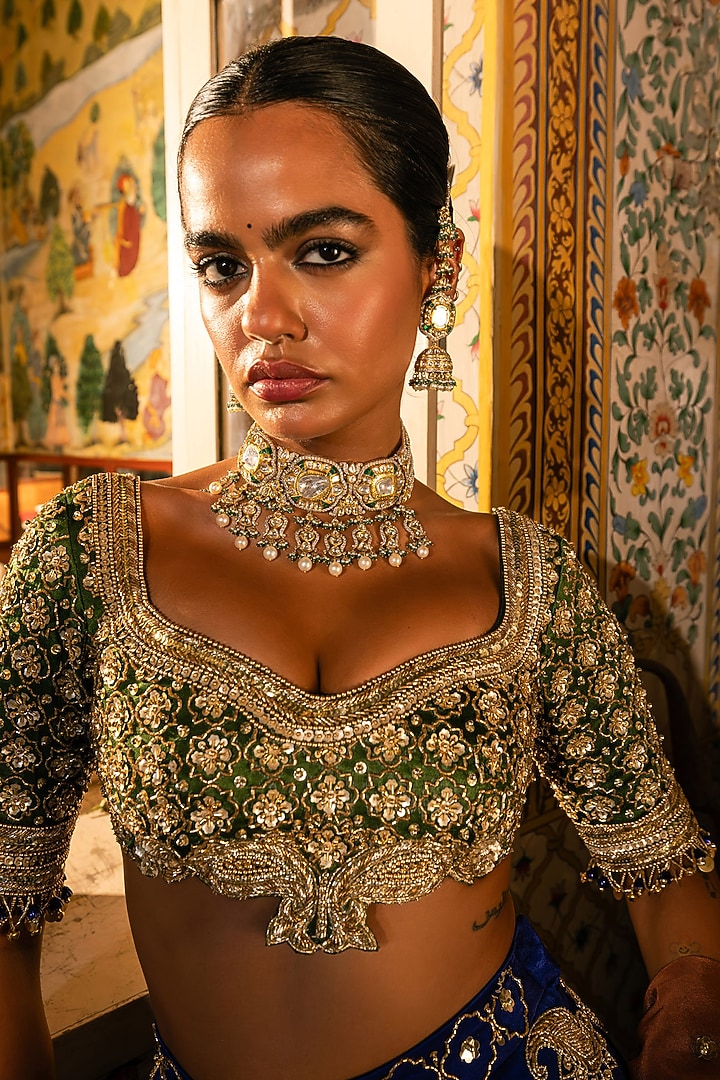 Multi-Colored Tissue Silk Floral Embroidered Bridal Lehenga Set by Payal & Zinal at Pernia's Pop Up Shop