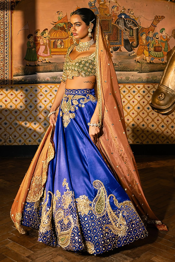 Multi-Colored Tissue Silk Floral Embroidered Bridal Lehenga Set by Payal & Zinal at Pernia's Pop Up Shop