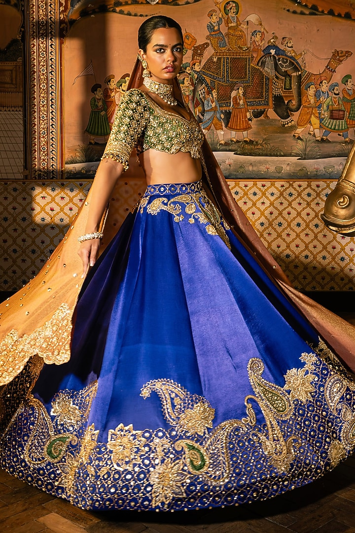 Multi-Colored Tissue Silk Floral Embroidered Bridal Lehenga Set by Payal & Zinal at Pernia's Pop Up Shop