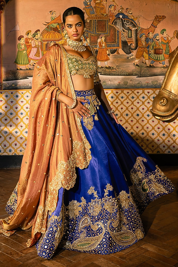 Multi-Colored Tissue Silk Floral Embroidered Bridal Lehenga Set by Payal & Zinal at Pernia's Pop Up Shop