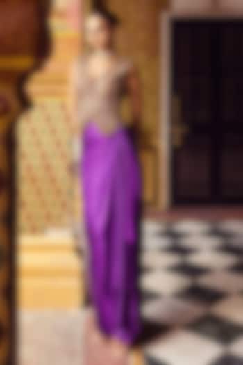 Royal Purple Bemberg Satin Draped Skirt Set by Payal & Zinal at Pernia's Pop Up Shop