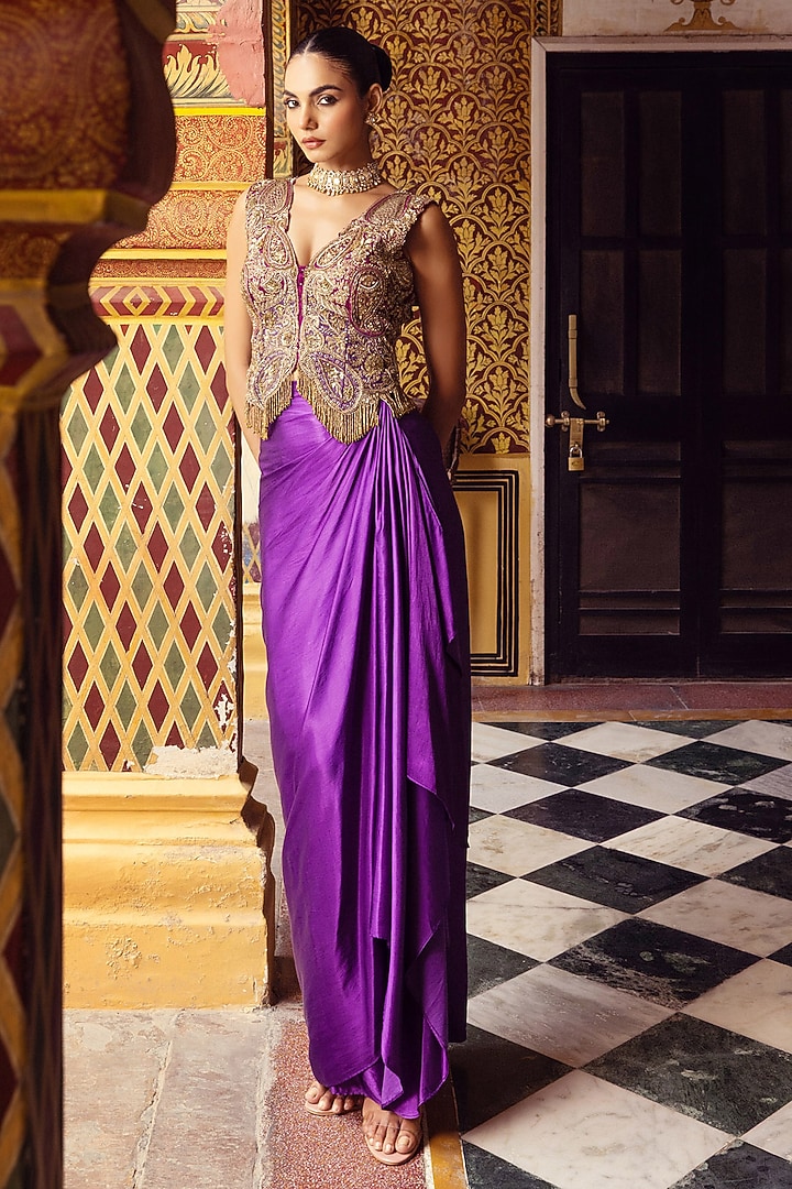 Royal Purple Bemberg Satin Draped Skirt Set by Payal & Zinal at Pernia's Pop Up Shop
