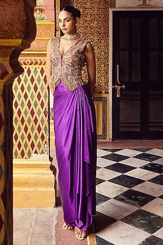 Royal Purple Bemberg Satin Draped Skirt Set by Payal & Zinal