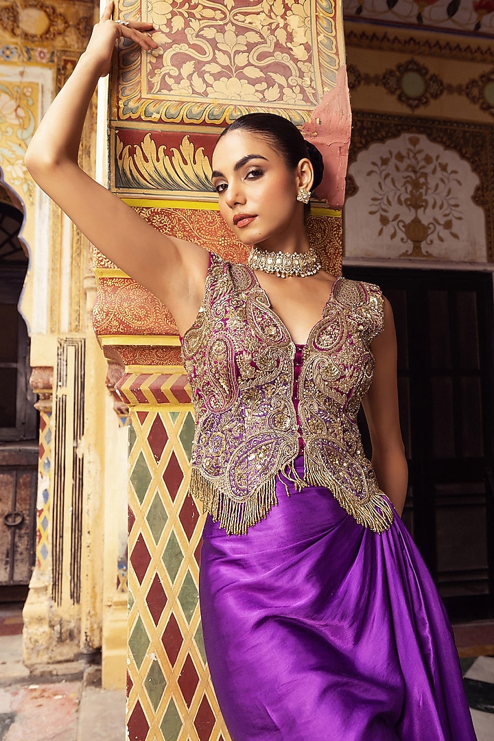 Royal Purple Bemberg Satin Draped Skirt Set by Payal & Zinal at Pernia's Pop Up Shop