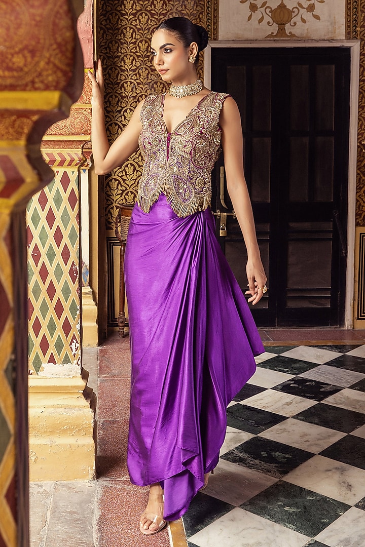 Royal Purple Bemberg Satin Draped Skirt Set by Payal & Zinal at Pernia's Pop Up Shop