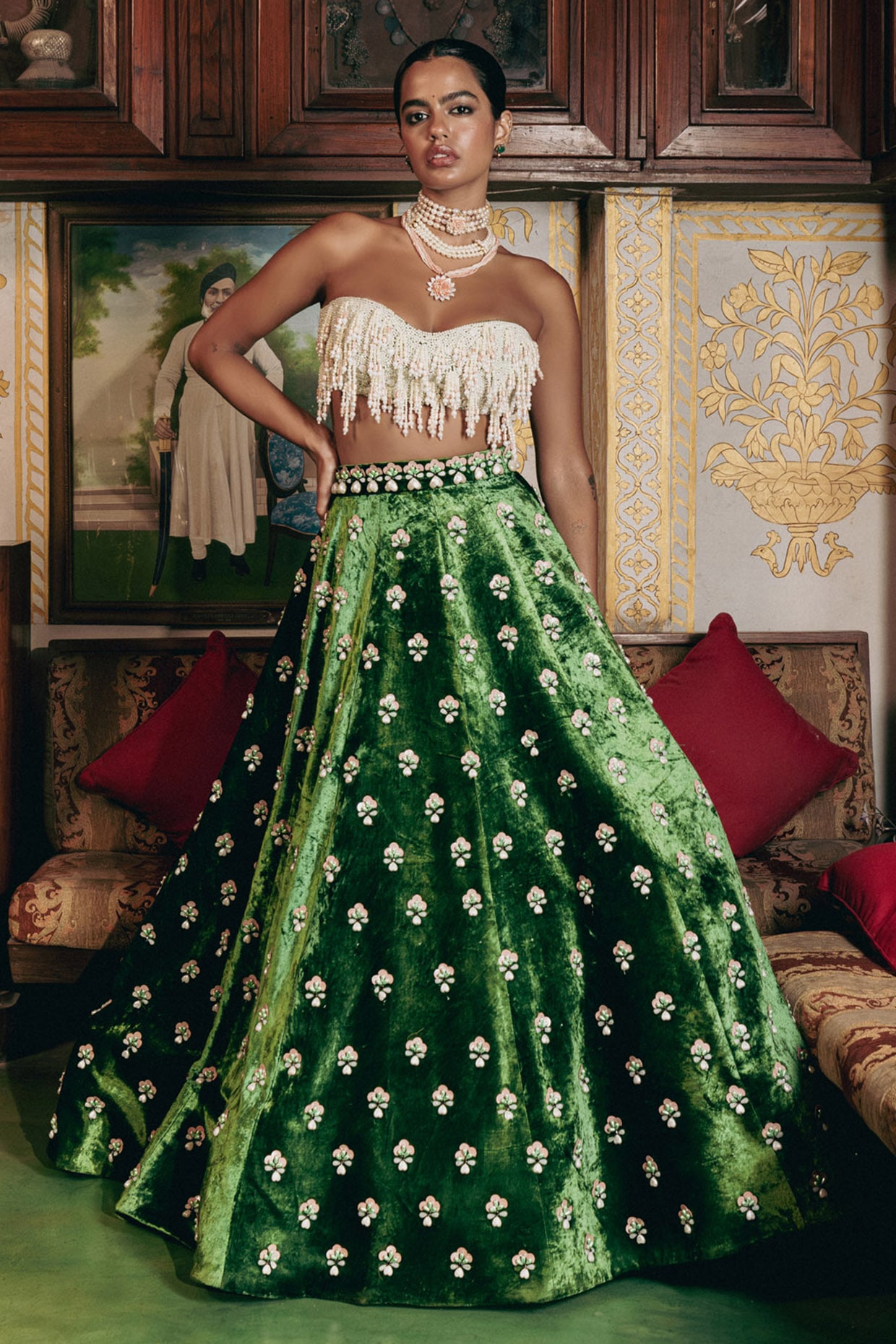 Payal & Zinal Deep Green Velvet Pearl Embroidered Lehenga Set