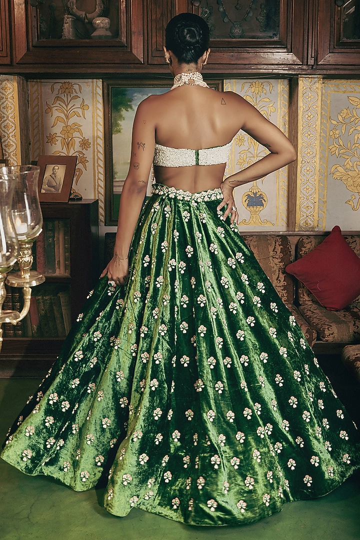 Deep Green Velvet Pearl Embroidered Wedding Lehenga Set by Payal & Zinal at Pernia's Pop Up Shop