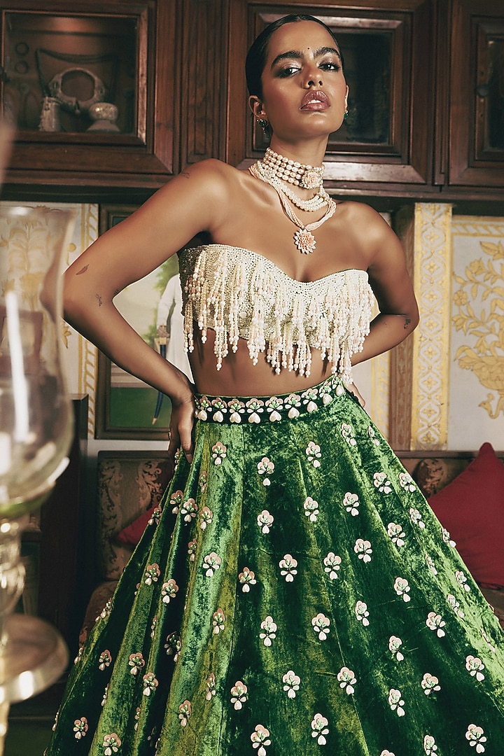 Deep Green Velvet Pearl Embroidered Wedding Lehenga Set by Payal & Zinal at Pernia's Pop Up Shop