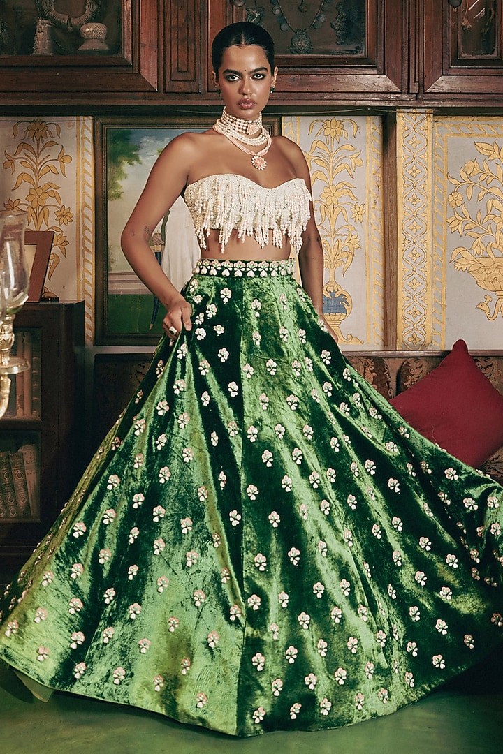 Deep Green Velvet Pearl Embroidered Wedding Lehenga Set by Payal & Zinal at Pernia's Pop Up Shop