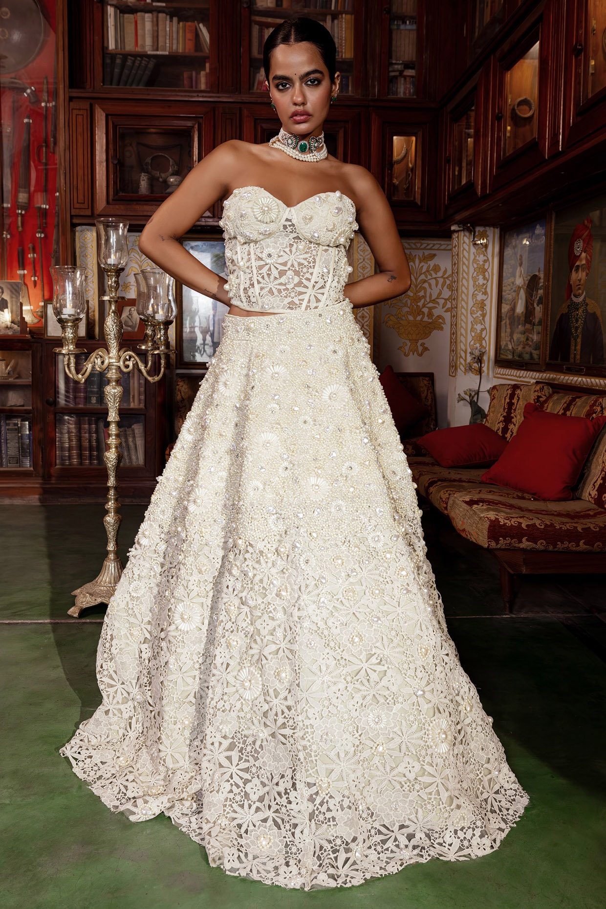 Payal & Zinal White Cutwork Lace Pearl Embellished Lehenga Set