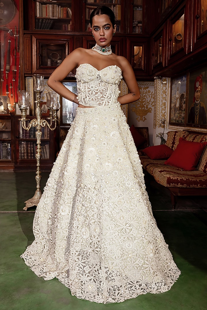 White Cutwork Lace Pearl Embellished Bridal Lehenga Set by Payal & Zinal at Pernia's Pop Up Shop