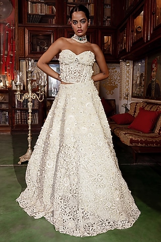 White Cutwork Lace Pearl Embellished Lehenga Set by Payal & Zinal