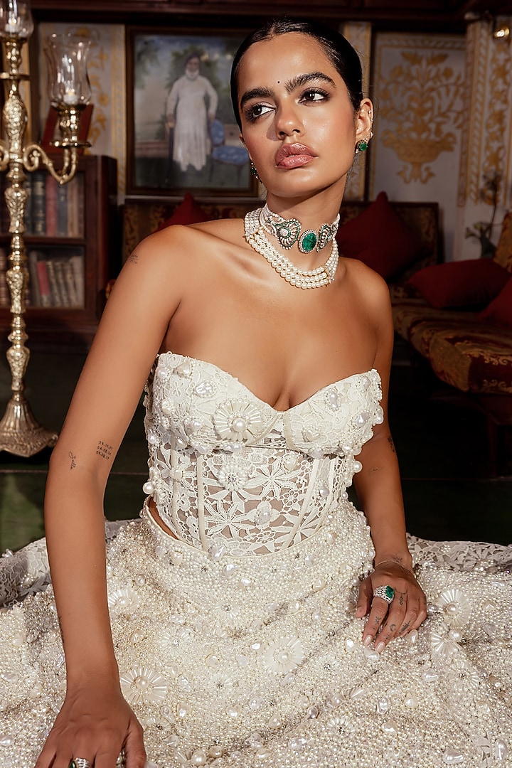 White Cutwork Lace Pearl Embellished Bridal Lehenga Set by Payal & Zinal at Pernia's Pop Up Shop