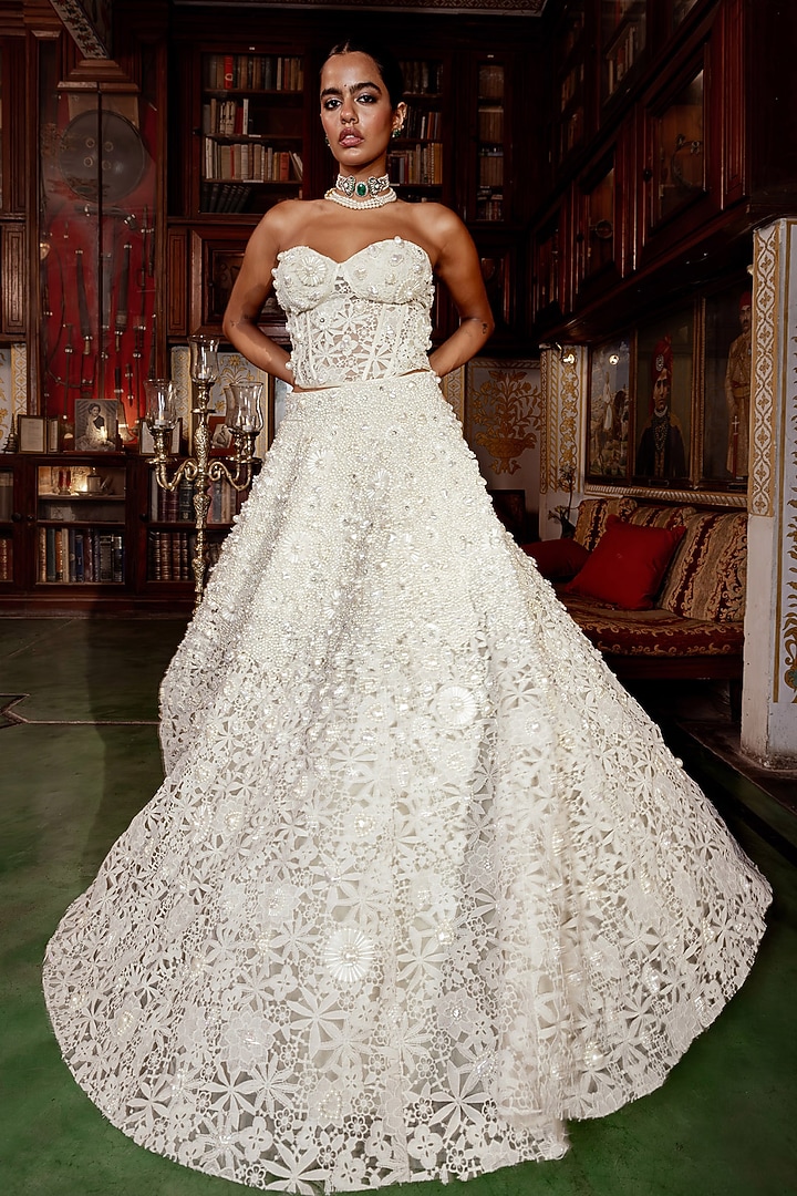 White Cutwork Lace Pearl Embellished Bridal Lehenga Set by Payal & Zinal at Pernia's Pop Up Shop