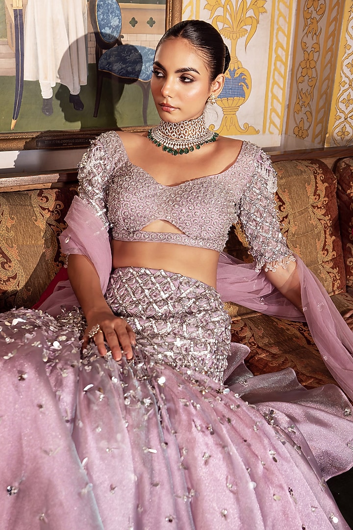 Lilac Imported Shimmer Sequins Embroidered Bridal Lehenga Set by Payal & Zinal at Pernia's Pop Up Shop