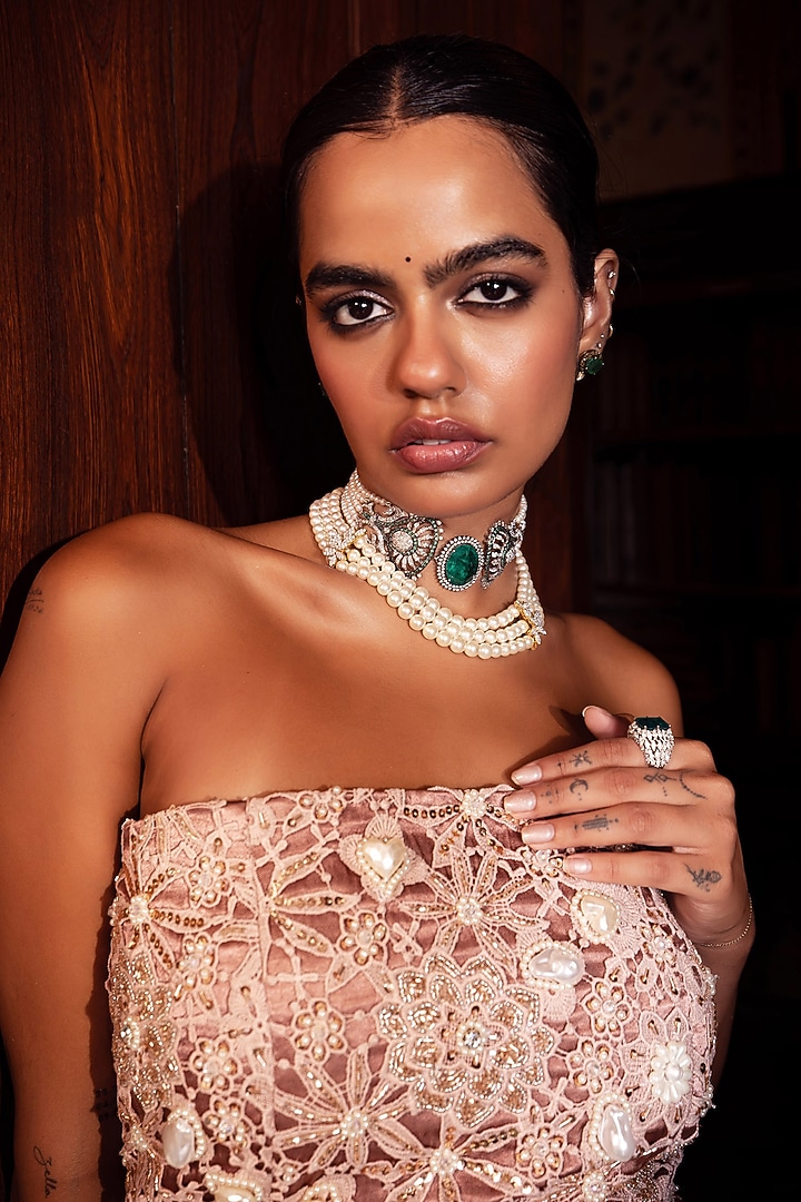 Blush Pink Cutwork Lace Pearl Embroidered Wedding Lehenga Set by Payal & Zinal at Pernia's Pop Up Shop